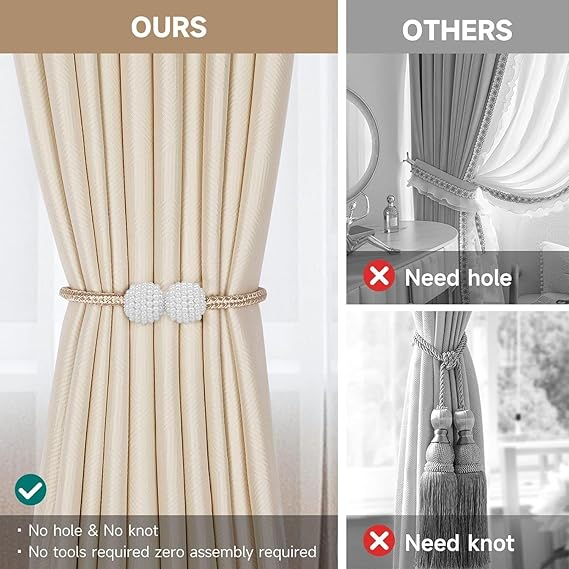 2pcs Magnetic Curtain Tiebacks, Strong Magnetic Window Curtain Tiebacks Clips Decorative Rope Holdbacks Drapery Curtain Tie Backs Weave Holder for Window Draperies Hold Curtains Drape Ties Backs