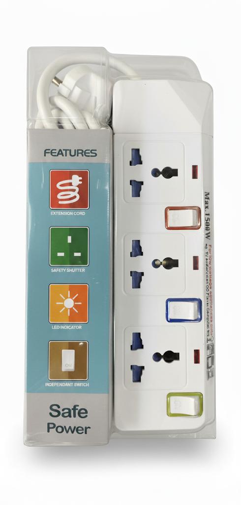 Electric Universal Extension Cord 3 Socket 3 Meter Power Strip wire, Extension Bar with 3 Meter Wire 3m